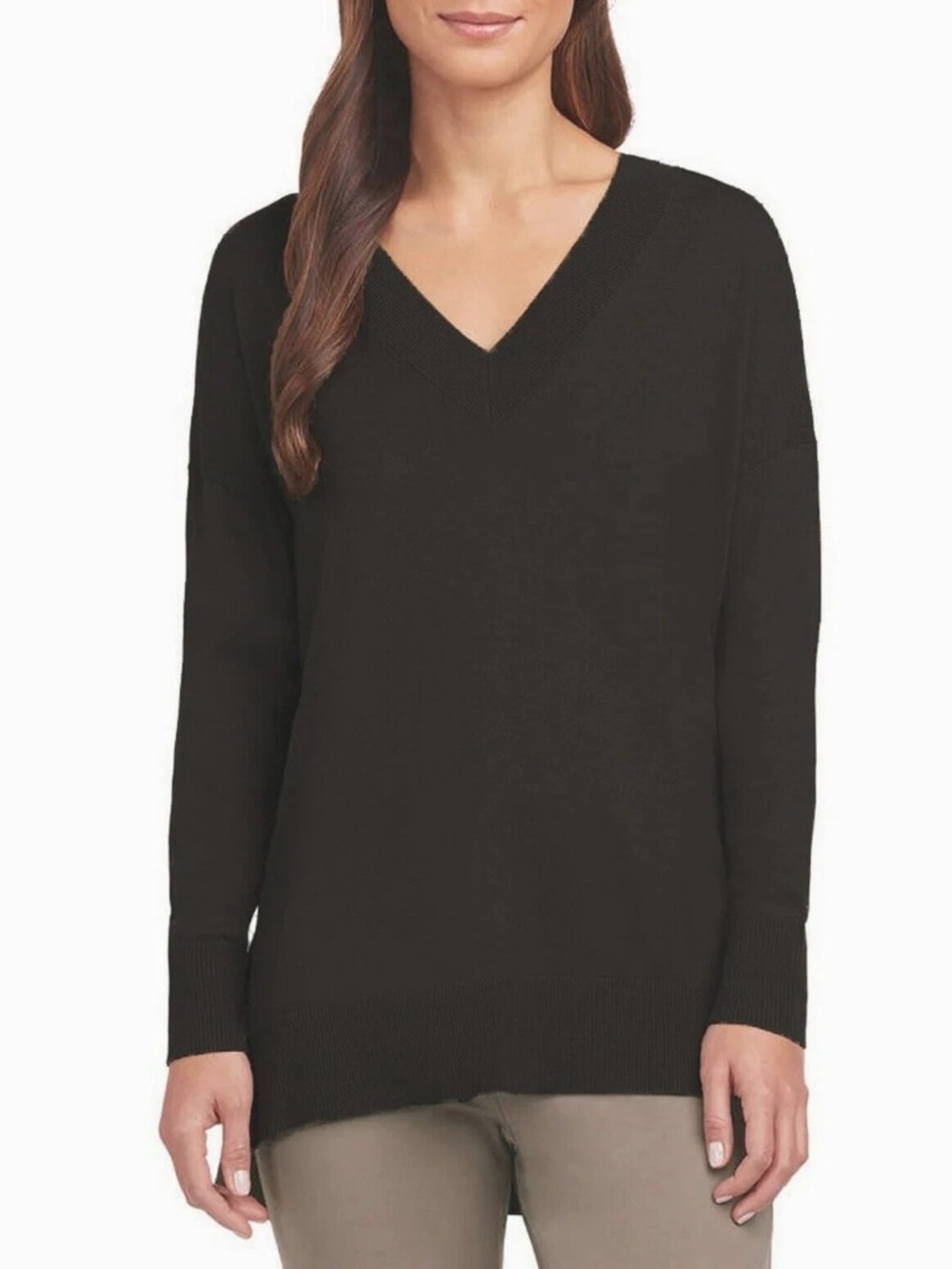 Matty M Womens V-Neck Sweater L Black Tunic Length Side Slits